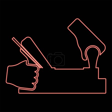 Illustration for Neon jointer jack plane in hand holding tool use Arm using instrument with wood red color vector illustration image flat style light - Royalty Free Image