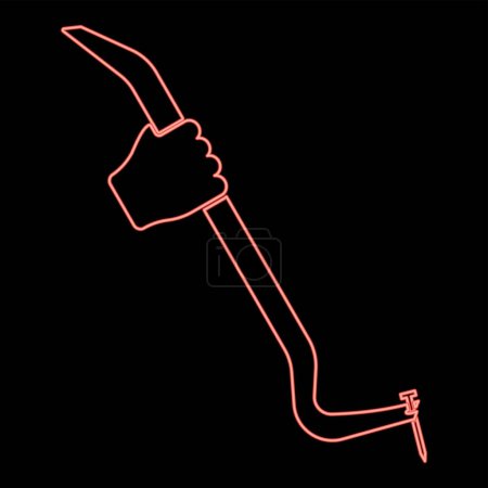 Illustration for Neon crowbar tool in hand remove nail holder pulls red color vector illustration image flat style light - Royalty Free Image