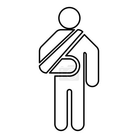 Illustration for Man with broken arm hand gypsum injured stick using sticks person trauma concept elastic bandage on human immobilize support bone sling cast fracture trauma contour outline line icon black color vector illustration image thin flat style simple - Royalty Free Image