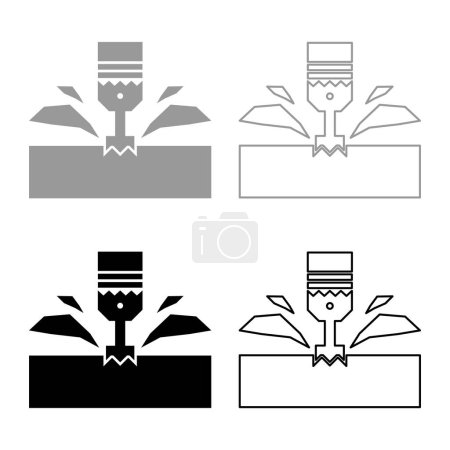 Illustration for CNC milling machine material metalworking cutter plunger metalwork industry lathe plunge power tool technology tooling carving shavings set icon grey black color vector illustration image simple solid fill outline contour line thin flat style - Royalty Free Image