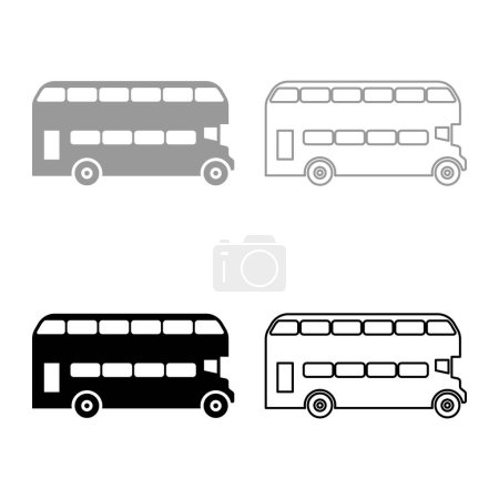 Téléchargez les illustrations : Double pont Londres bus ville transport double pont tourisme ensemble icône gris noir couleur vecteur illustration image simple remplissage solide contour ligne mince plat style - en licence libre de droit