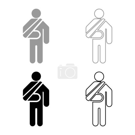 Illustration for Man with broken arm hand gypsum injured stick using sticks person trauma concept elastic bandage on human immobilize support bone sling cast fracture trauma set icon grey black color vector illustration image simple solid fill outline contour line th - Royalty Free Image