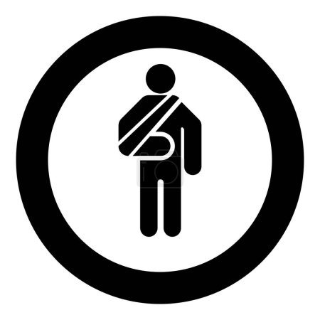 Illustration for Man with broken arm hand gypsum injured stick using sticks person trauma concept elastic bandage on human immobilize support bone sling cast fracture trauma icon in circle round black color vector illustration image solid outline style simple - Royalty Free Image