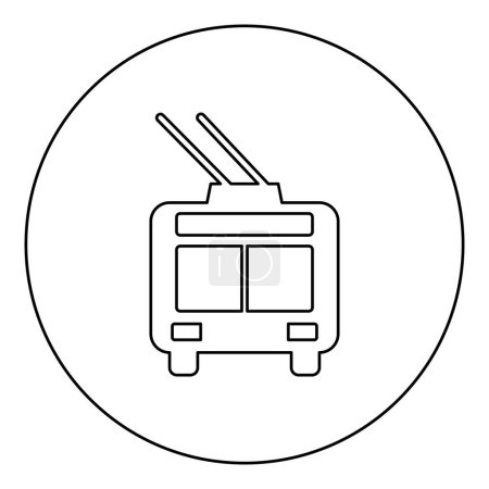 Téléchargez les illustrations : Trolleybus électrique ville transport urbain transport public trolley bus icône en cercle rond couleur noire vecteur illustration contour de l'image ligne style mince simple - en licence libre de droit