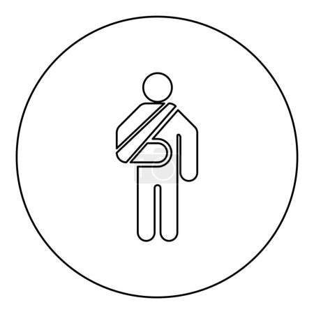Illustration for Man with broken arm hand gypsum injured stick using sticks person trauma concept elastic bandage on human immobilize support bone sling cast fracture trauma icon in circle round black color vector illustration image outline contour line thin style si - Royalty Free Image