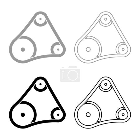 Illustration for Belt transmission mechanism with three pulleys drive part automobile tension rollers engine spare auto repair wheels with rubber tape V-belt Automotive concept set icon grey black color vector illustration image simple solid fill outline contour line - Royalty Free Image