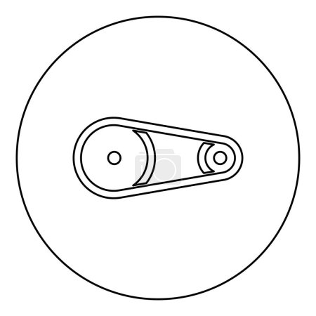 Illustration for Belt transmission mechanism with two pulleys drive part automobile tension rollers engine spare auto repair wheels with rubber tape V-belt Automotive concept icon in circle round black color vector illustration image outline contour line thin style s - Royalty Free Image