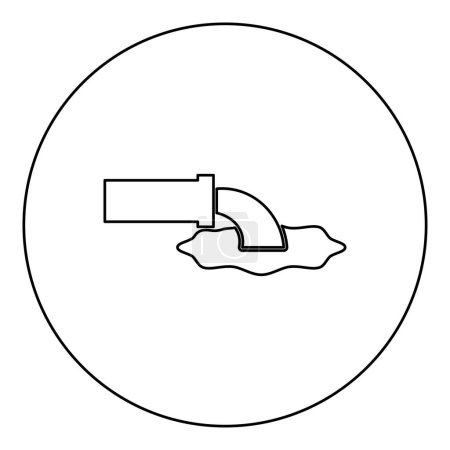 Téléchargez les illustrations : Liquide d'eaux usées fuit du tuyau avec l'industrie du drainage de l'eau à l'icône de nettoyage de concept d'égout de ruissellement en cercle illustration vectorielle de couleur noire contour de l'image ligne style mince simple - en licence libre de droit