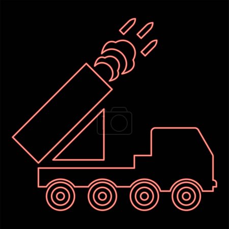 Ilustración de Neón múltiple lanzamiento volea reactiva sistema de cohetes fuego dispara misiles color rojo vector ilustración imagen plana estilo luz - Imagen libre de derechos
