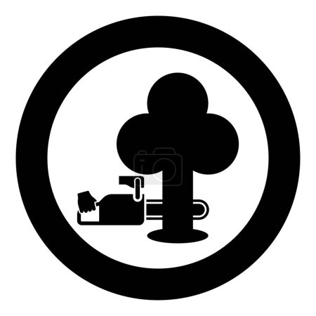 Téléchargez les illustrations : Chainsaw sawing tree woodchopper concept lumberjack arborist cutting deforestation prunes sprinking icon in circle round black color vector illustration image solid outline style simple - en licence libre de droit