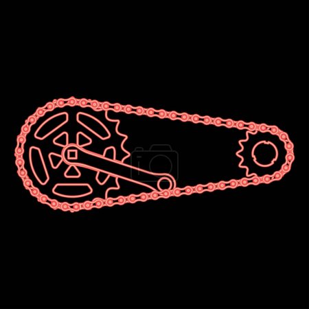 Neon chain bicycle link bike motorcycle two element crankset cogwheel sprocket crank length with gear for bicycle cassette system bike red color vector illustration image flat style light