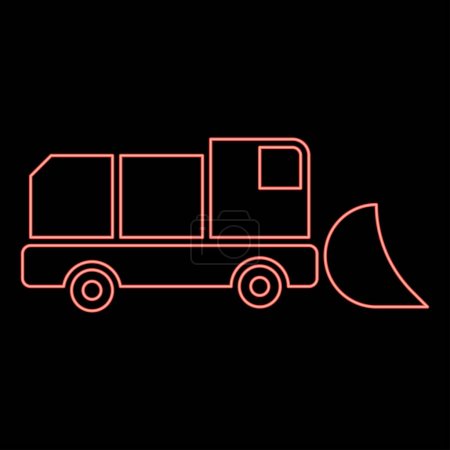 Neon snowblower snow clear machine snowplow truck plough clearing vehicle equipped seasons transport winter highway service equipment clean red color vector illustration image flat style light