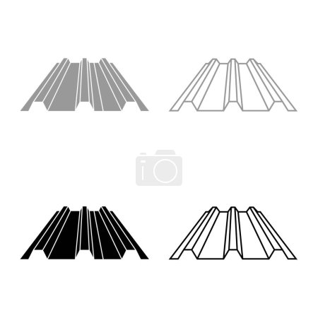 Roof metal rooftop steel profile sheets roofing concept ribbed corrugated metallic panel siding tile set icon grey black color vector illustration image simple solid fill outline contour line thin flat style