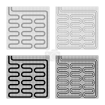 Calefacción eléctrica por suelo radiante caliente conjunto icono gris negro vector ilustración imagen simple relleno sólido contorno contorno línea delgado estilo plano