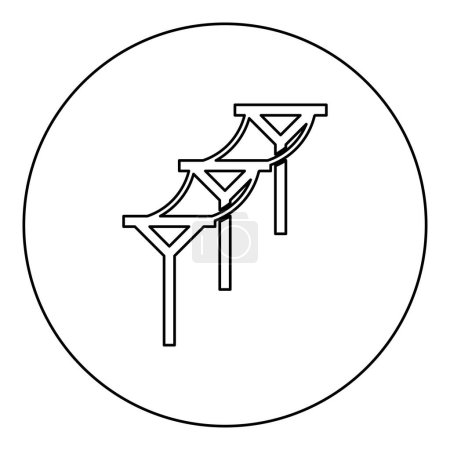 Línea de alimentación poste eléctrico concepto de transmisión de energía eléctrica hilera de alambre de alto voltaje de pilares con icono de cable en círculo redondo color negro vector ilustración contorno de imagen línea delgada estilo simple