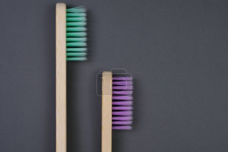 Téléchargez les photos : Deux brosses à dents sont disposées côte à côte sur une surface de table en bois. - en image libre de droit