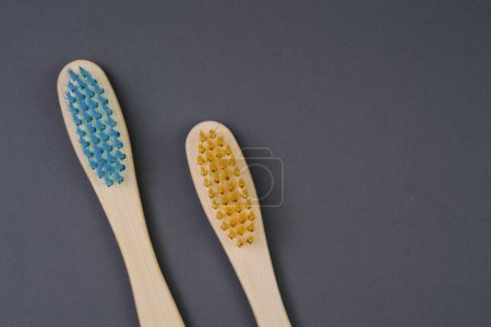 A close-up view of two toothbrushes made of wood with bristles in yellow and blue colors.