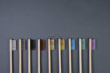 Téléchargez les photos : Une rangée de brosses à dents de différentes couleurs soigneusement disposées en ligne droite contre un mur gris uni. - en image libre de droit