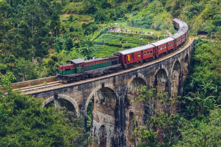 Foto de Ella, Sri Lanka: 08-agosto-2019: Un tren icónico pasa por el puente de los Nueve Arcos, un lugar muy pintoresco en Ella, Sri Lanka. - Imagen libre de derechos