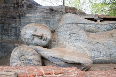 Hermosa cara de Buda reclinado tiene 14 m de largo, que representa a Buda entrando en el Nirvana en Gal Vihara en la antigua ciudad de Polonnaruwa, Sri Lanka.