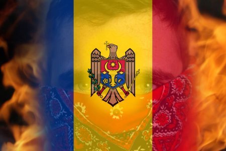 Photo for Defocus protest in Moldova. Moldova flag painted on man face portrait background. Strength, Power, Protest and punch concept. Russia war. World crisis news. Out of focus. - Royalty Free Image