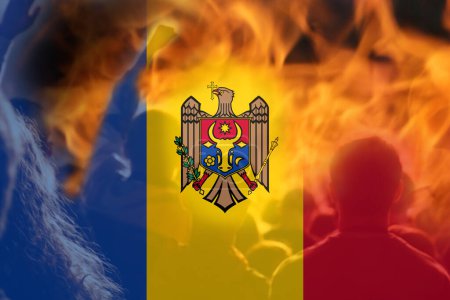 Photo for Defocus protest in Moldova. Moldova flag painted on fire flame background. Strength, Power, Protest and punch concept. Russia war. World crisis news. Military coup. Out of focus. - Royalty Free Image