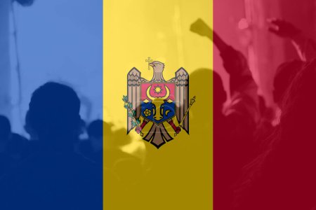 Photo for Defocus protest in Moldova. Moldova flag painted on many people hands background. Strength, Power, Protest concept. Russia. Out of focus. - Royalty Free Image
