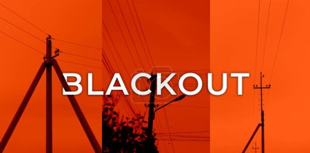 Stromausfall, Stromnetz überlastet. Blackout-Konzept. Earth hour. Brennende Flammenkerze und Stromleitungen im Hintergrund. Energiekrise. Orangefarbene Banner.