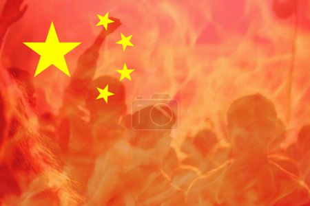 Photo for Protests China. Chinese real estate and debt crisis. Zero covid and lockdown protest in China. Crowd people. Revolution demonstration. Communism. Kill protesters. Red flag people. Economy. Fire flame. - Royalty Free Image