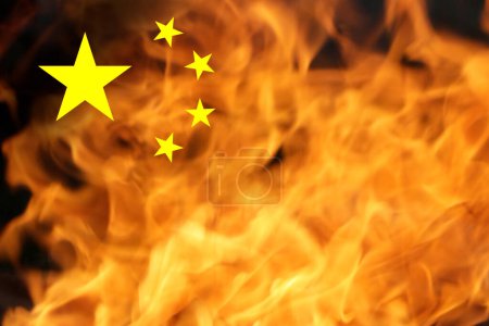 Photo for Protests China flag. Chinese real estate and debt crisis. Zero covid and lockdown protest in China. Revolution demonstration. Communism. Kill protesters. Fire flame. - Royalty Free Image
