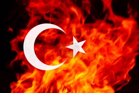 Photo for Turkey Earthquake, February 6, 2023. Mournful banner. The Epicenter of the earthquake in Turkey. Pray for Turkey. A bright fire flame background of the Turkish flag. Disaster war. - Royalty Free Image