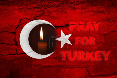 Photo for Turkey Earthquake, February 6, 2023. Mournful banner. The Epicenter of the earthquake in Turkey. Pray for Turkey text. A background of the Turkish flag. Border. Target. Stone texture and candle. - Royalty Free Image