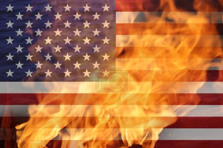 Protests in USA. USA flag background. American flag for Memorial Day or 4th of July. Banner for design, mock up. People riot street. Donald Trump. Fire and flame. Black lives matters.
