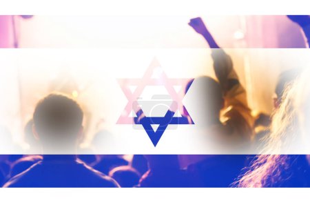 Photo for Protests Israel Tel Aviv. Israel flag. Protest in Israel 2023. Rise hand. Defense minister. Out of focus. - Royalty Free Image