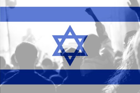 Photo for Protests Israel Tel Aviv. Israel flag. Protest in Israel 2023. Rise hand. Defense minister. World political crisis. World war. Out of focus. - Royalty Free Image