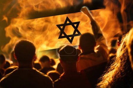 Photo for Protests Israel Tel Aviv. Israel flag. Protest in Israel 2023. Rise hand. Defense minister. Fire, flame, revolution. Out of focus. - Royalty Free Image