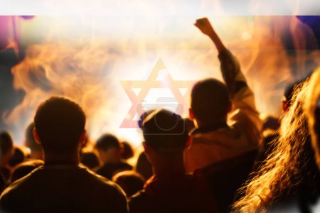Photo for Protests Israel Tel Aviv. Israel flag. Protest in Israel 2023. Rise hand. Defense minister. World crisis. Out of focus. - Royalty Free Image