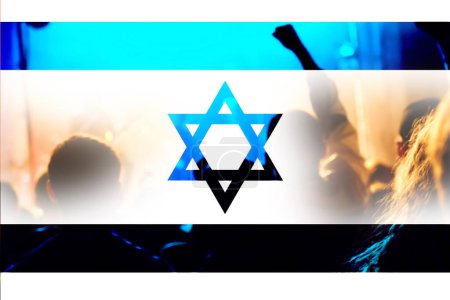 Photo for Protests Israel Tel Aviv. Israel flag. Protest in Israel 2023. Rise hand. Defense minister. World political crisis. Out of focus. - Royalty Free Image