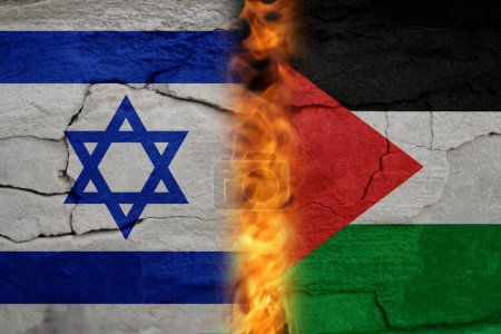 Photo for Israel Palestine war. Concept of crisis of war and political conflicts between nations. Flags. Fire, flames. Cracked stone background. Out of focus. - Royalty Free Image