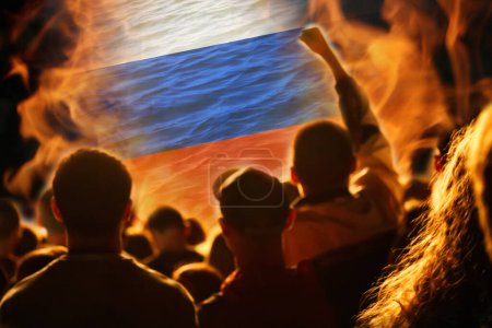 Photo for Civil war in Russia news. PMK Wagner against the Russian army. Prigozhin against Putin. Flag. Protesters on the streets. Fire and flame. Weapons. - Royalty Free Image