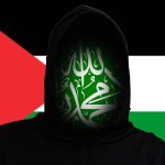 Incognito terrorist on the Flag Palestine background. Hamas between Israel and Palestine. Israel Palestine war. World crisis in Middle East. Rebellion. Rebel militant terrorist guerrilla concept.