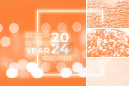 Photo for Color of the year 2024. Peach fuzz. Defocus blurred abstract orange bokeh background. Peach fuzz tint. Festive spotted glitter background. Blurry music performance in rock band concert. Light holiday. - Royalty Free Image