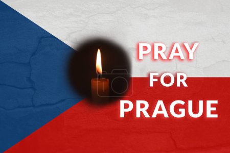 Reza por Praga. Banner de diseño. Texto. Un tiroteo en Praha. Bandera de República Checa.