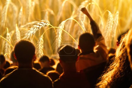 Farmers protest concept. Crowd of people on wheat background. Farmers' protests in Europe and world.
