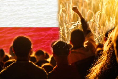 Photo for Farmers protest in Poland. Flag, wheat and people background. - Royalty Free Image
