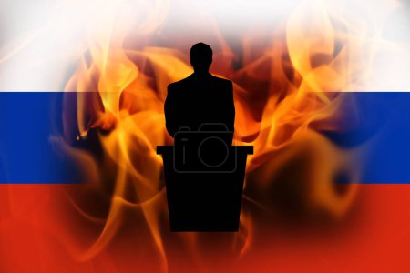 Election in russia. Russian flag color on flame background. People protest. Terrorist country. War.