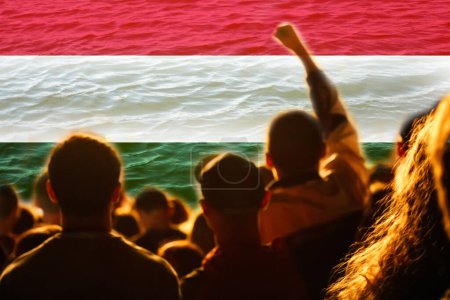 Photo for Hungary protest. Football fans in Hungary. Flag, Hungarian, background. Waving. Banner for design with copy space. - Royalty Free Image