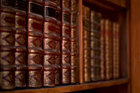 Foto de Viena, Austria: Antigua estantería con portadas de libros encuadernados en cuero en el Salón Estatal de la Biblioteca Nacional de Austria - Imagen libre de derechos