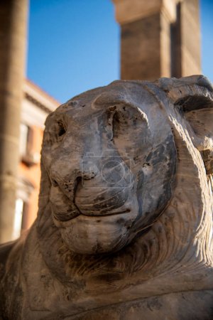 Primer plano de una antigua escultura de león en piazza plebiscito, mostrando detalles intrincados y envejeciendo a través de su cara noble y melena