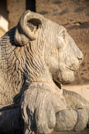 Vista de cerca de una estatua de león envejecido tomando el sol en la histórica plaza del plebiscito en Nápoles, Italia